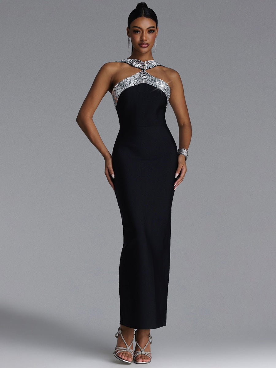 Lana Chic Contour Halter Rhinestone Bandage Maxi Dress