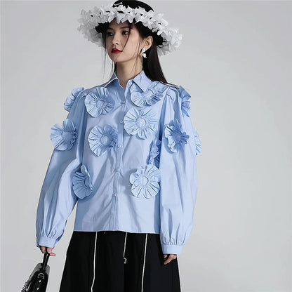 Cotton Long Sleeve Shirt With 3D Floral Embroidery