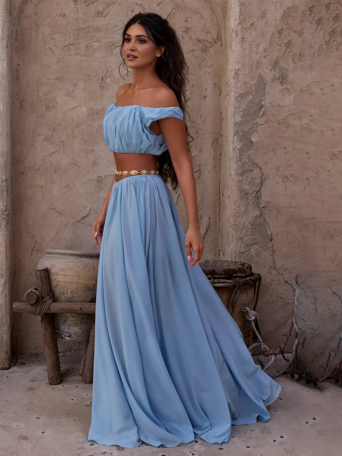 Briar Pleated Tulle Top And Skirt Set In Blue