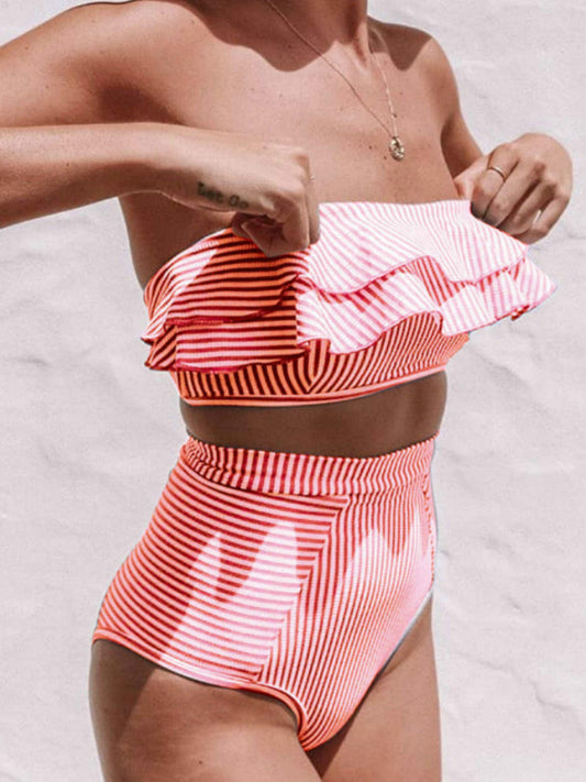 Bikini Swimsuit, Striped Lotus Leaf Split Bikini Female European And American Sexy Swimsuit