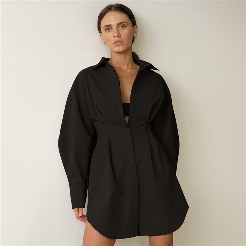 Solid Color Waist Long Sleeve Slim Fit Dress
