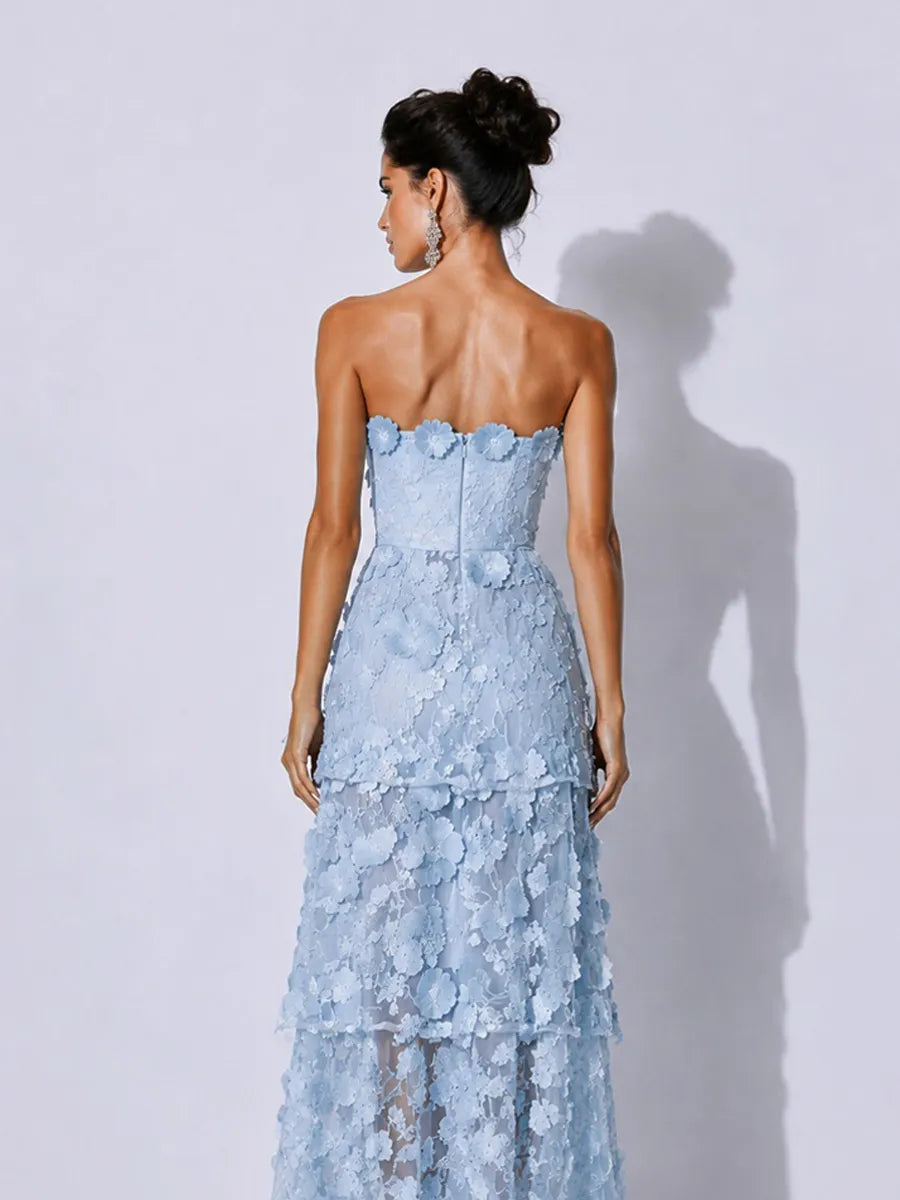 Gabriela Embroidered Appliqué Ruffled Strapless Midi Dress