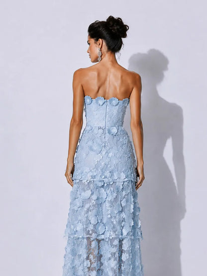 Gabriela Embroidered Appliqué Ruffled Strapless Midi Dress