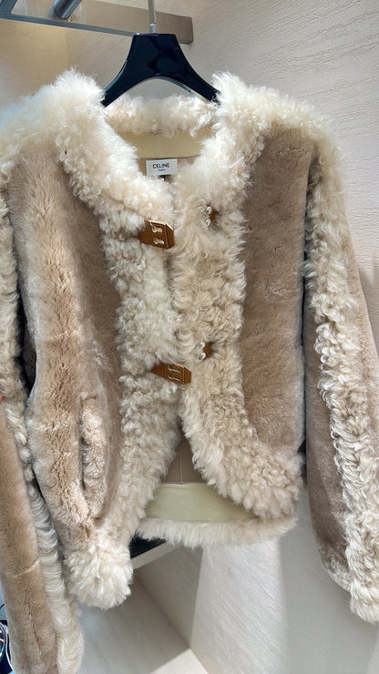 CELINE Shearling Brown Coat with Wool Trim 333327