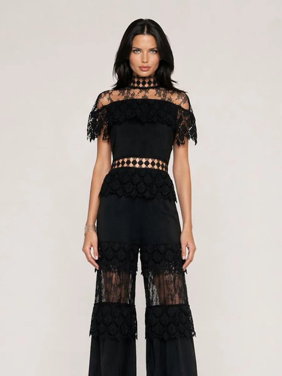 Ivana Elegant High-Neck Ruffled Short-Sleeved Lace Set