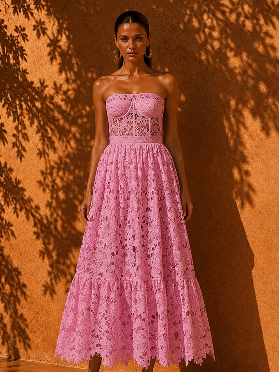 Audrey Embroidered Cutout Strapless Maxi Dress