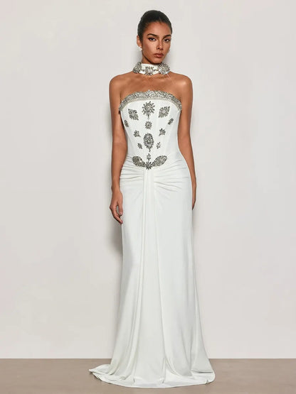 Hannah Strapless Crystal Scarf Maxi Dress