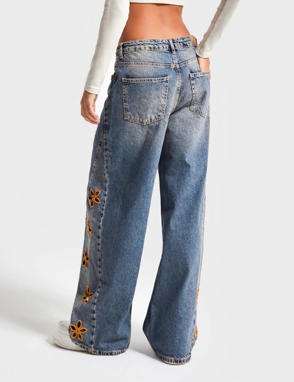 High Waist Flower Embroidered Wide Leg Jeans