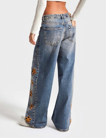High Waist Flower Embroidered Wide Leg Jeans
