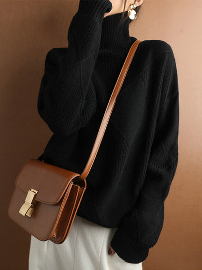 Loose Jacquard Solid Color High-Neck Sweater Tops