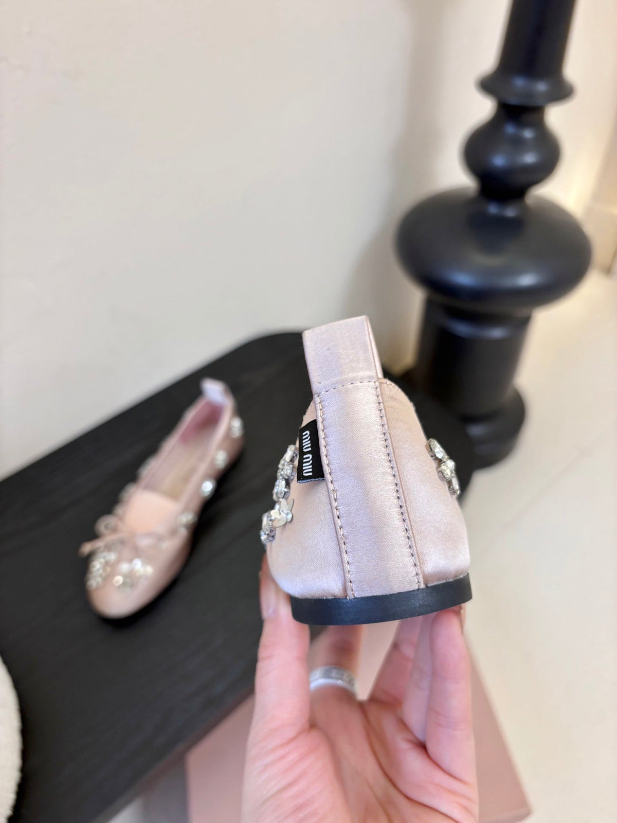 Miu Ballet Flat With Floral Crystal Light Pink Silk