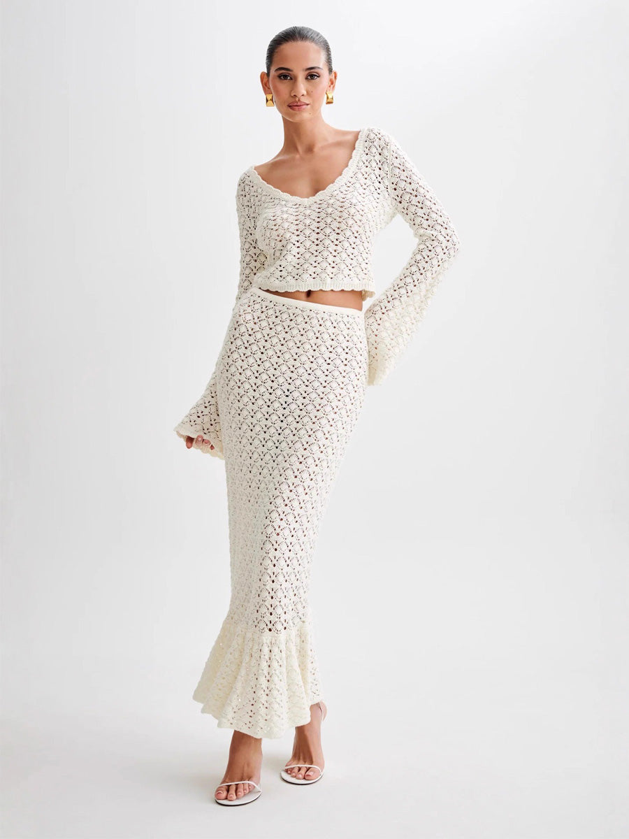 Oceane Resort Style Long-Sleeved Knitted Openwork Two-Piece Set