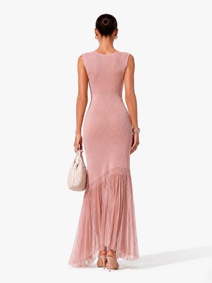 Marisol Elegant Cinched V Neck Sleeveless Knit Maxi Dress