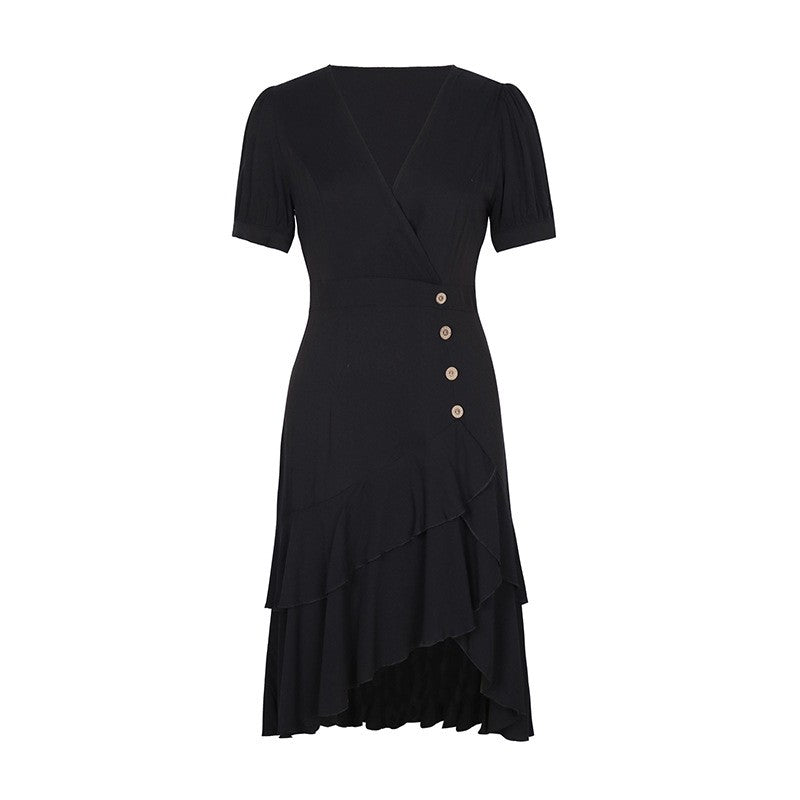 Solid Color Short-Sleeved Sexy V-Neck Irregular Slim Dress