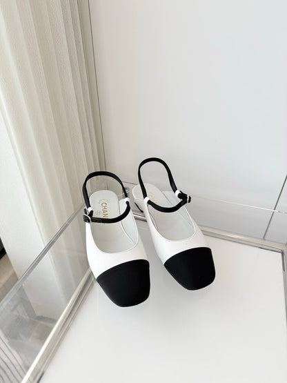 Chanel 26 Slingback Flats White Black in Lambskin 597390