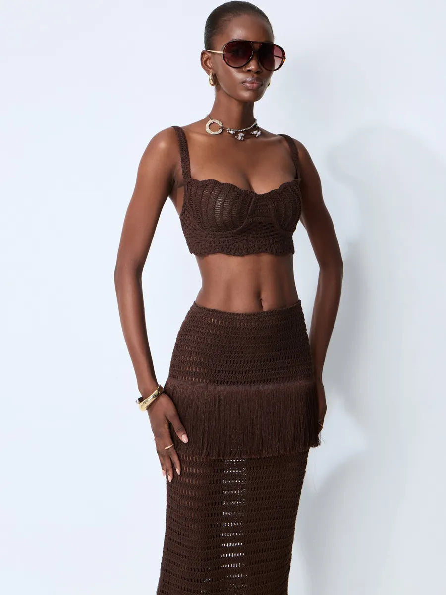 Julia Brown Crochet Knit Top & Fringe Skirt Set