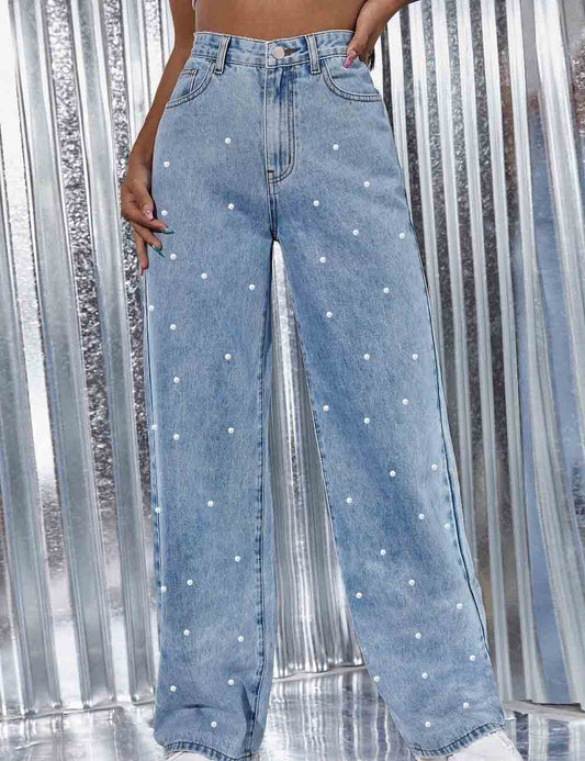 Casual Pearl High Waist Baggy Denim Pants