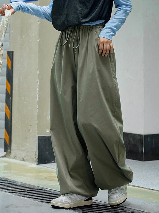 Loose Wide Leg Drawstring Elasticity Pleated Solid Color Split-Joint Casual Pants Bottoms