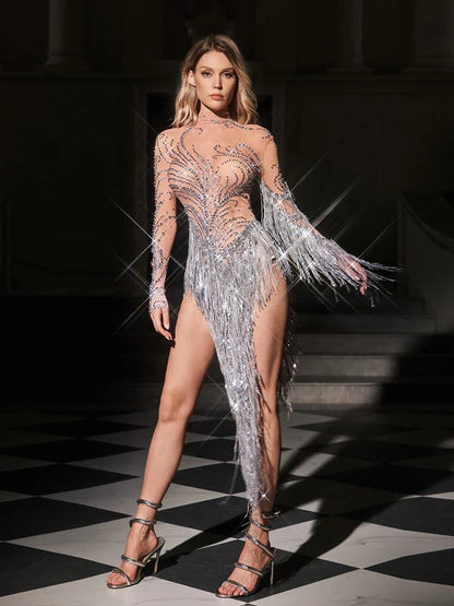 Ezron High Neck Rhinestone Fringe Bodysuit In Silver