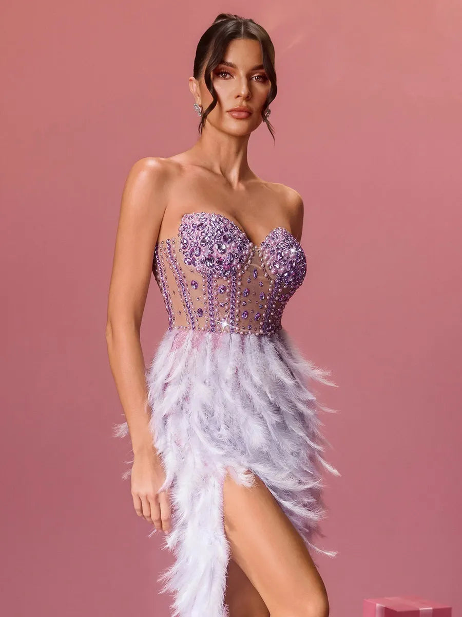 Ariana Strapless Crystal Feather Split Maxi Dress
