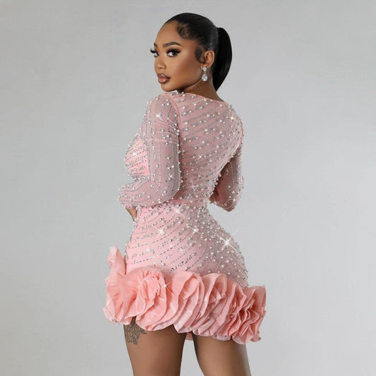 Sexy Rhinestone Beaded Bodycon Dress Long Sleeve