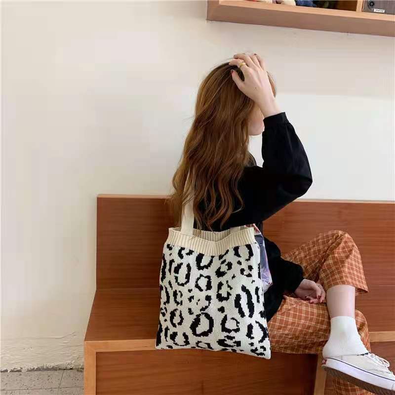 Crochet Tote Bag Leopard Print Knit Bag