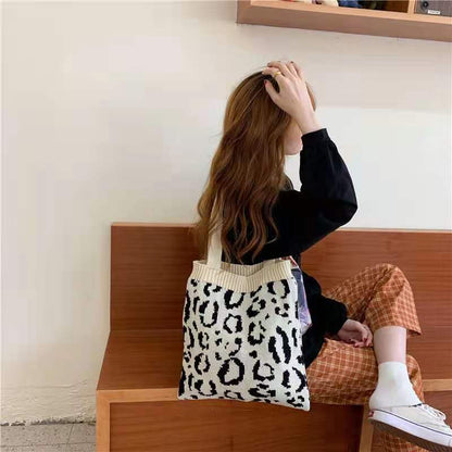 Crochet Tote Bag Leopard Print Knit Bag