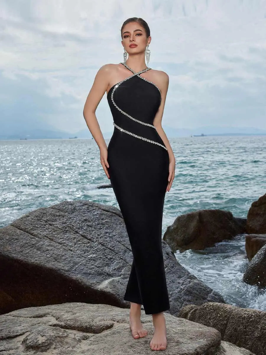 Freya Hanging Neck Cross Rhinestone Maxi Dress