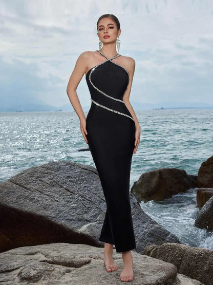 Freya Hanging Neck Cross Rhinestone Maxi Dress