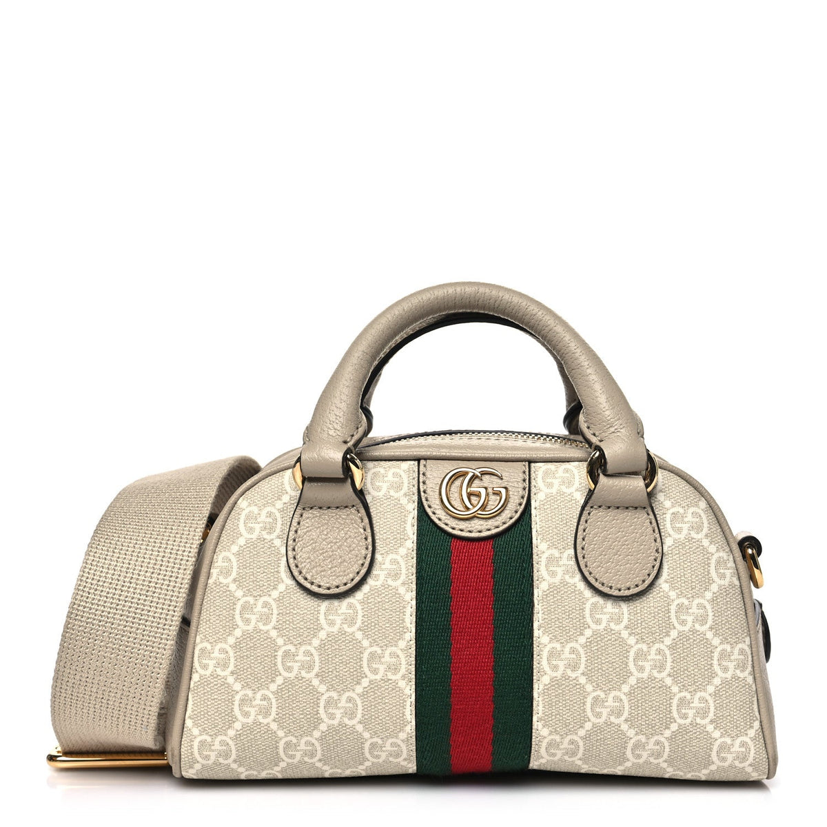 GG Supreme Monogram Textured Dollar Calfskin Web Mini Ophidia Top Handle Bowler Bag Beige Mystic White Oatmeal