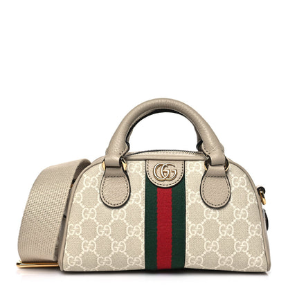 GG Supreme Monogram Textured Dollar Calfskin Web Mini Ophidia Top Handle Bowler Bag Beige Mystic White Oatmeal