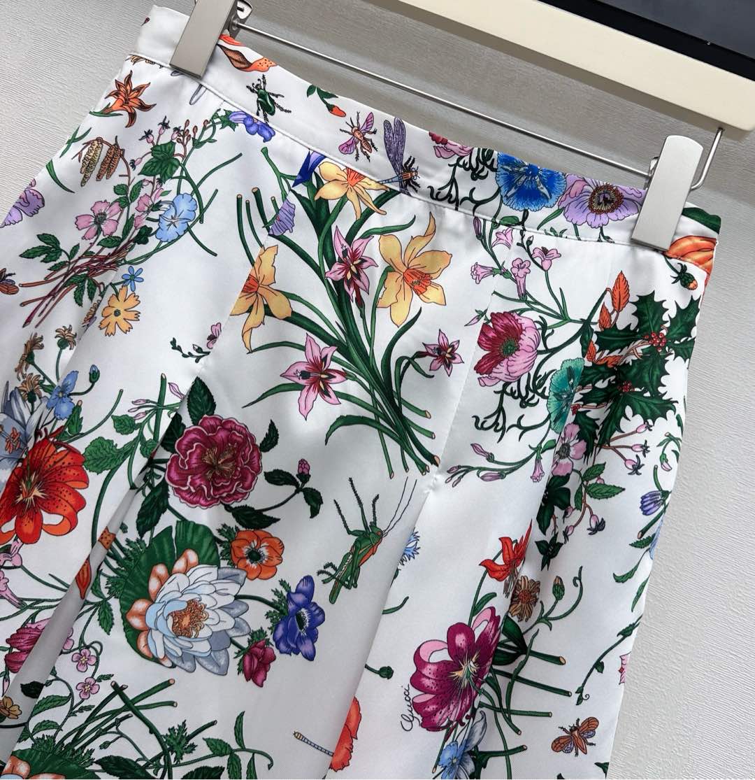 GG SS26 Flora Printed Pleated Midi Skirt White Multicolor Silk 351787