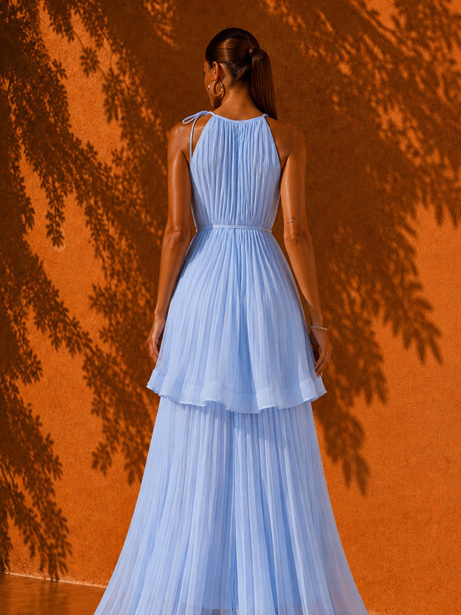 Ivy Pleated Sleeveless Maxi Beach Dress In Blue