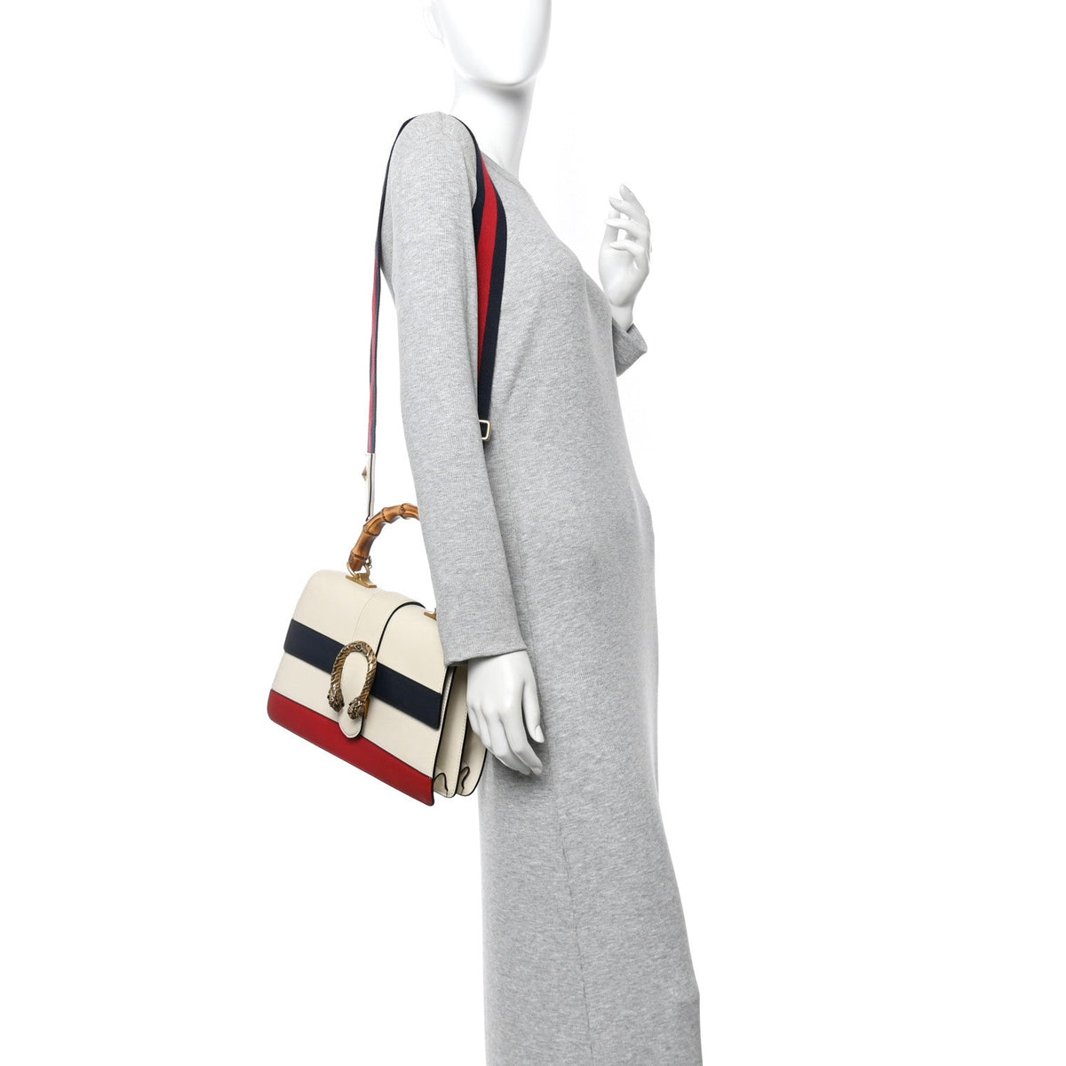 Calfskin Bamboo Web Medium Dionysus Top Handle Bag White Blue Hibiscus Red