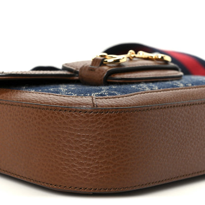 New Denim GG Monogram Dollar Calfskin Web Mini Horsebit 1955 Shoulder Bag Blue Tea Cuir Epilog