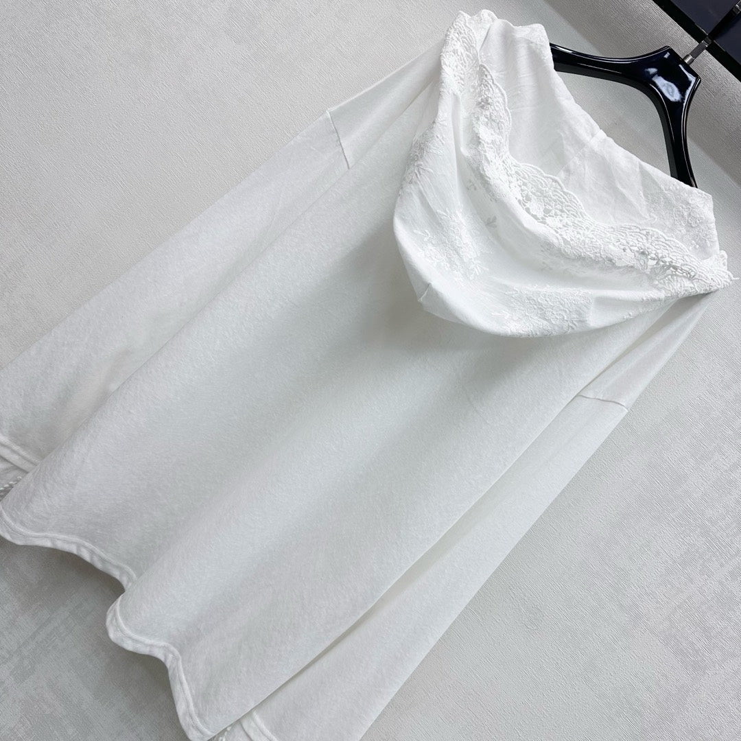 Miu SS26 Lace Hooded Long Sleeve Pullover White Wool Polyester 350278