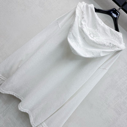 Miu SS26 Lace Hooded Long Sleeve Pullover White Wool Polyester 350278