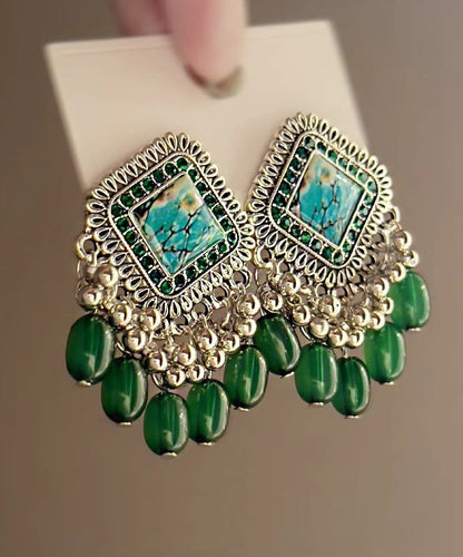Original Design Green Alloy Glass Beads Tassel Stud Earrings