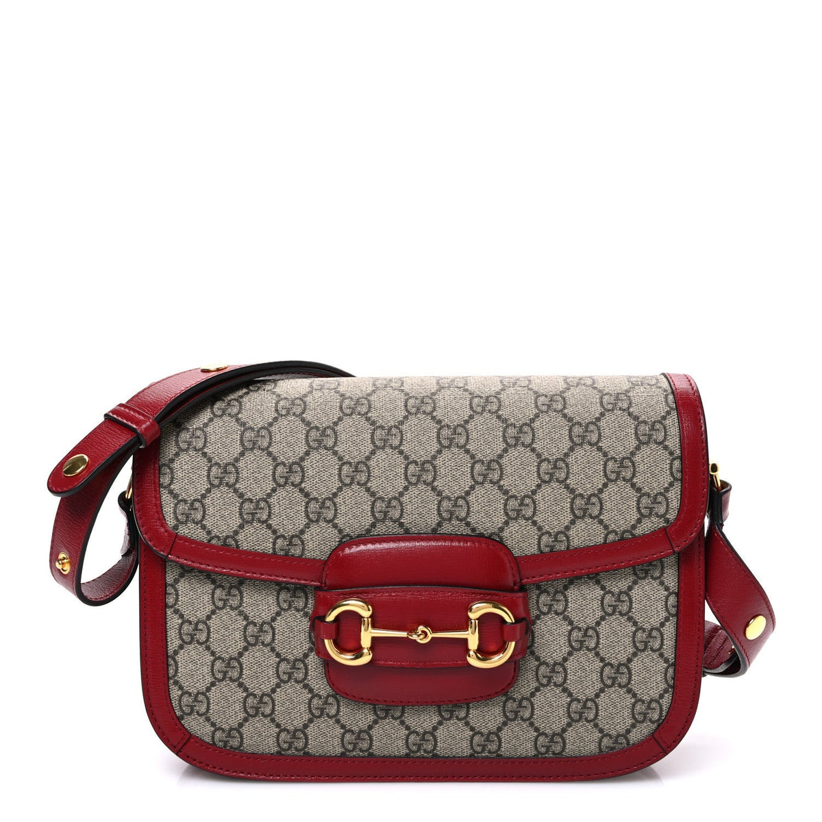 GG Supreme Monogram Azalea Calfskin Horsebit 1955 Shoulder Bag Beige Ebony New Cherry Red