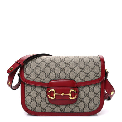 GG Supreme Monogram Azalea Calfskin Horsebit 1955 Shoulder Bag Beige Ebony New Cherry Red
