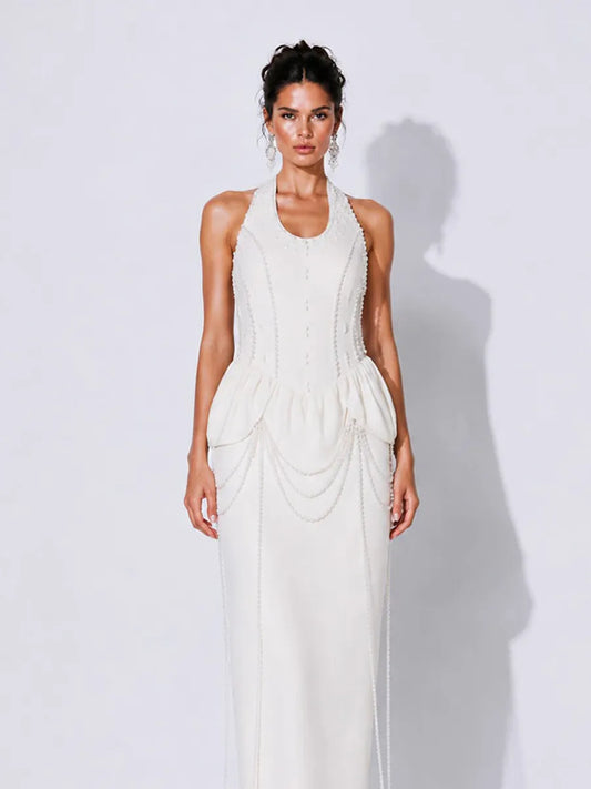 Elodie Pearl-Beaded Halter-Neck Maxi Dress