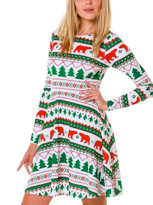 Autumn And Winter New Christmas Clothing Print Long-Sleeved Women'S Dress