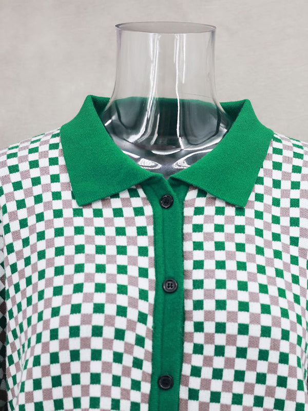 Long Sleeves Loose Plaid Split-Joint Lapel Cardigan Tops Sweater Tops