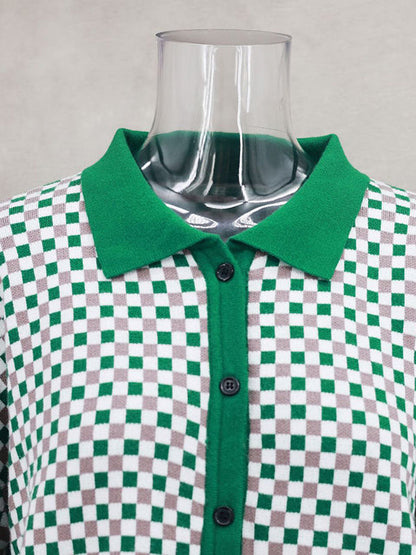 Long Sleeves Loose Plaid Split-Joint Lapel Cardigan Tops Sweater Tops