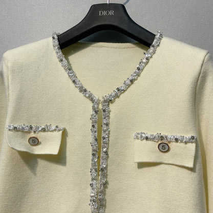 Chanel 26 Beaded Stylish Button Cardigan White in Wool 800687