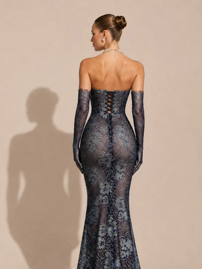 Zinnia Elegant Flowy Strapless Lace Floral Maxi Dress
