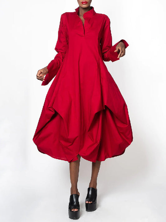 Long Sleeves Loose Solid Color Stand Collar Maxi Dresses