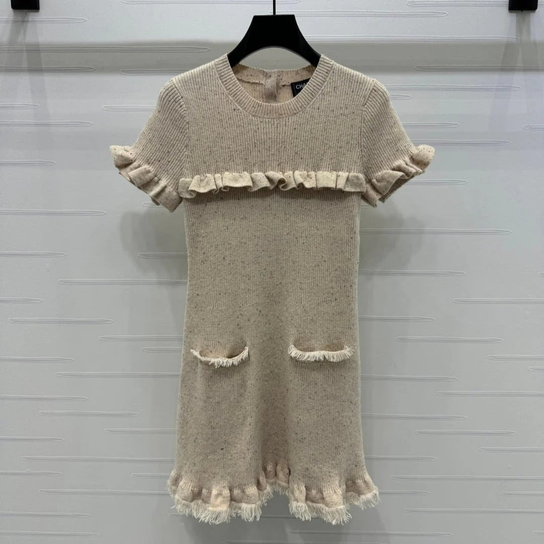CHANEL SHORT-SLEEVE KNIT DRESS WITH RUFFLED TRIMS 274885