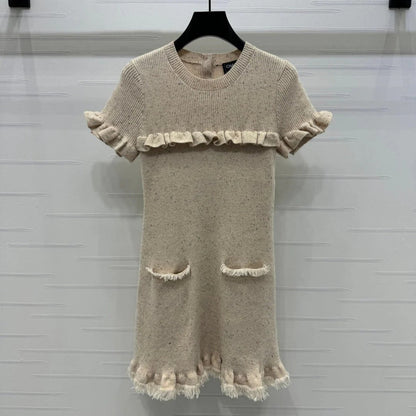 CHANEL SHORT-SLEEVE KNIT DRESS WITH RUFFLED TRIMS 274885