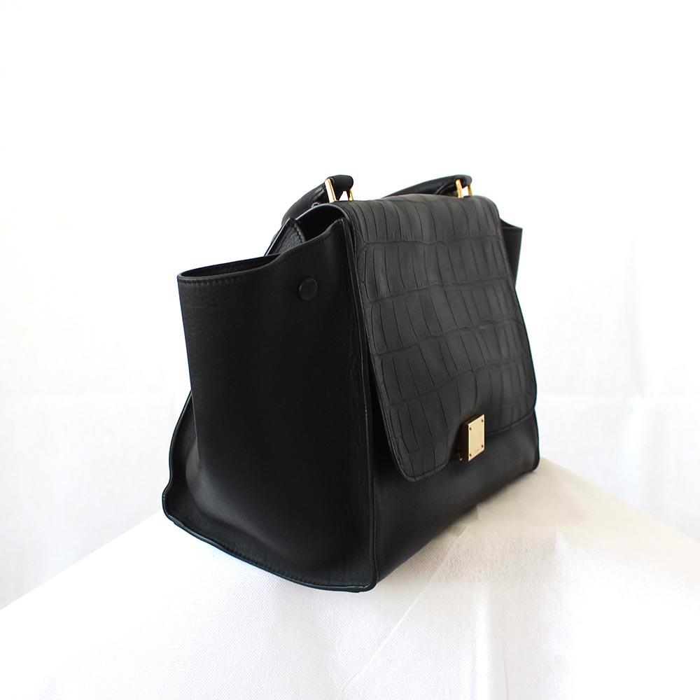 Celine Black Croc Embossed Leather and Suede Medium Trapeze Bag